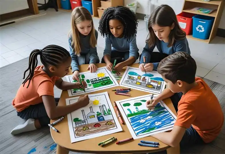 Children sitting together drawing colorful air pollution pictures with crayons and recycled paper.