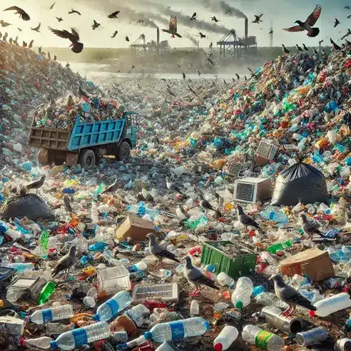 ๐ท Waste crisis: Overflowing landfill bursting with discarded plastic bottles, broken electronics, and hazardous industrial byproducts seeping into soil.