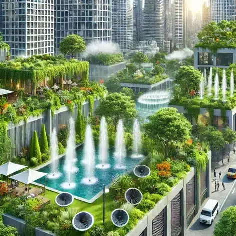 "A green city using trees, rooftop gardens, and water fountains as natural Solutions for Noise Pollution."