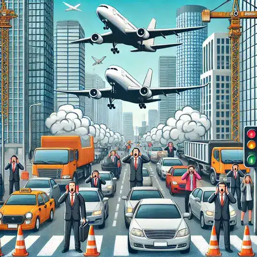 ๐ท Sound overload: Chaotic urban scene featuring traffic congestion with honking vehicles, construction equipment, and low-flying aircraft creating a cacophony of disruptive noise.