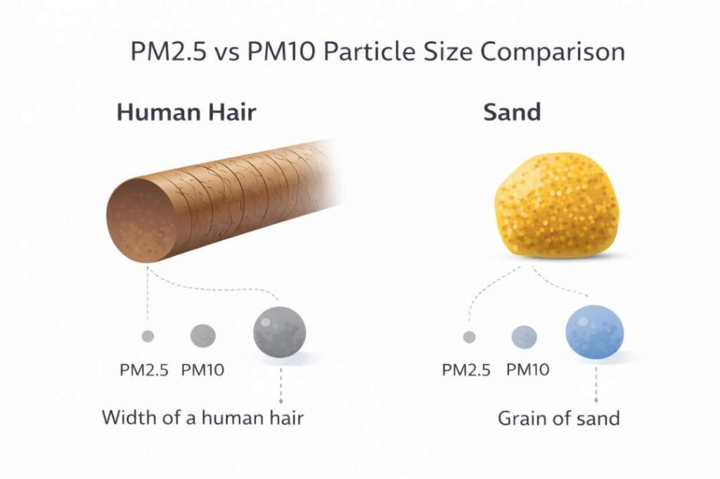 Size comparison of PM2.5 and PM10 particles relative to a human hair