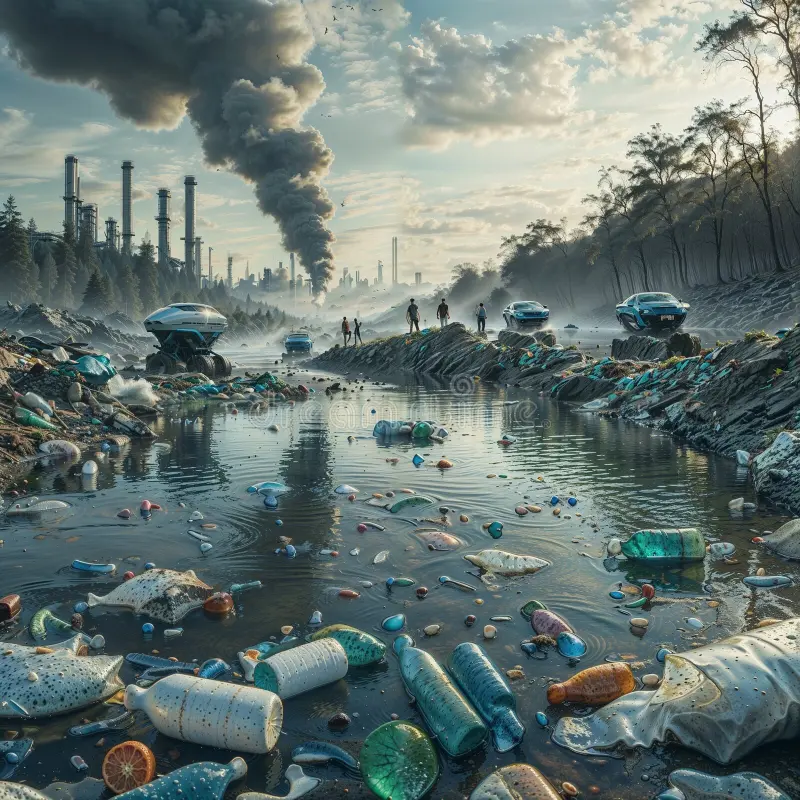 Illustration of Earth encircled by factories emitting smoke, cars releasing exhaust, plastic-polluted oceans, and deforested land.