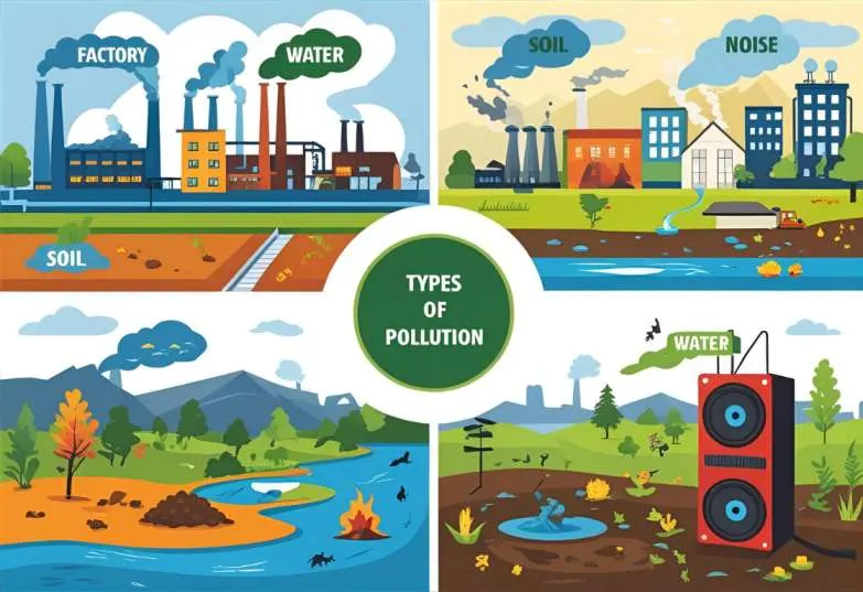 Diagram explaining which type of pollution includes CFCs and smog? along with water, soil, and noise pollution