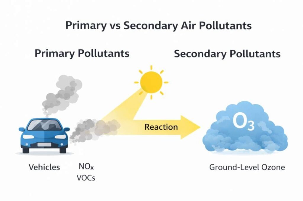 Diagram explaining formation of secondary air pollutants from primary emissions under sunlight