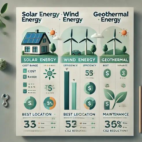"A professional comparison chart of solar, wind, and geothermal energy for Renewable Energy at Home, showing pros and cons."