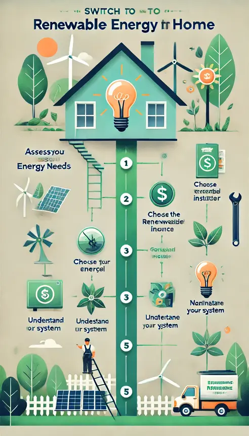 "An infographic summarizing the steps to switch to Renewable Energy at Home, including solar, wind, and geothermal options."