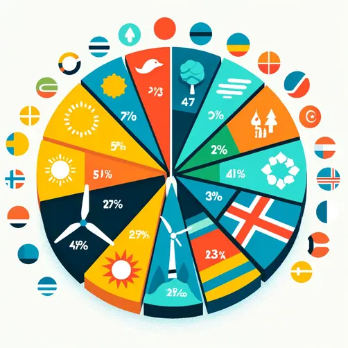 "Pie chart comparing renewable energy usage across different countries like Costa Rica and Sweden, emphasizing sustainable Human-Environment Interaction and clean energy adoption."