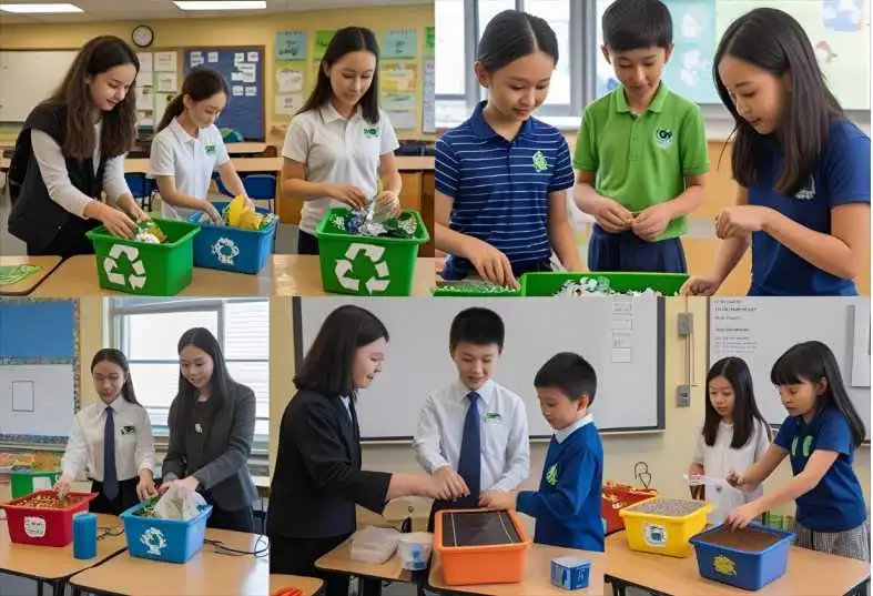 Students engaging in classroom science projects on recycling, composting, and solar energy as part of environmental education.