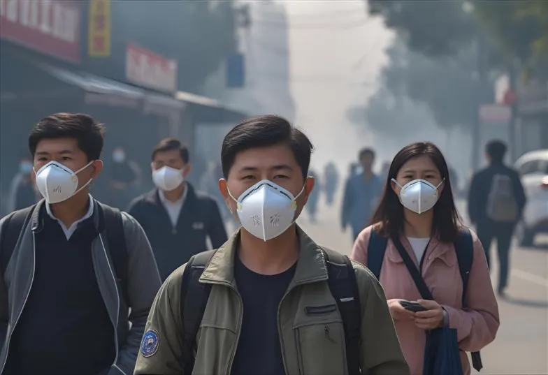 Citizens wearing masks outdoors to protect themselves from smog pollution