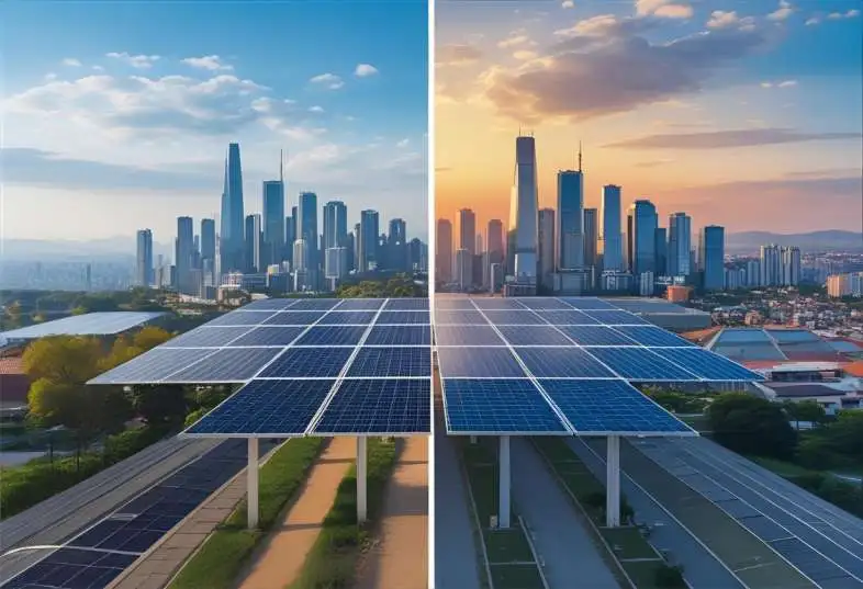 Split image comparing a polluted city skyline with a clean solar-powered skyline.