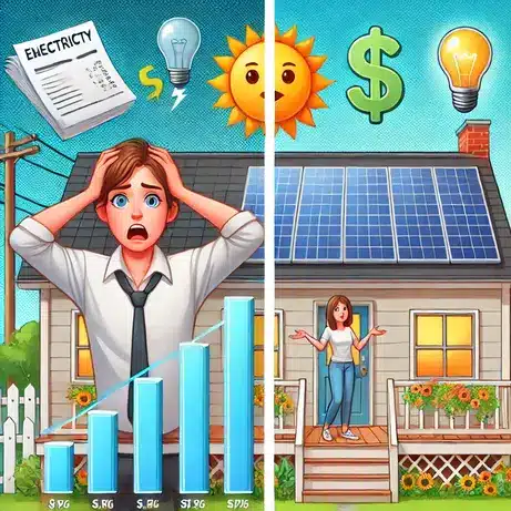 "Solar Energy World split-image comparison of electricity costs, showing high energy bills before solar panel installation and savings afterward."