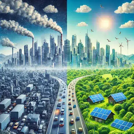 "Solar Energy World infographic explaining the process of solar energy, from sunlight absorption by solar panels to electricity conversion and storage."