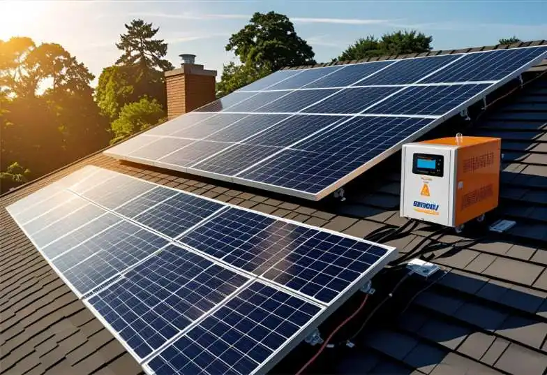 Diagram showing how solar panels convert sunlight into electricity and store energy.