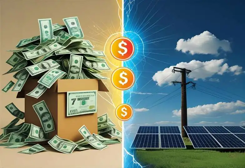 Side-by-side image comparing high electricity bills before solar and reduced bills after solar installation.