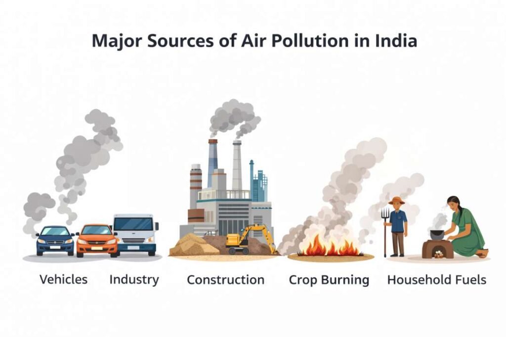 Illustration showing major sources of air pollution in India including vehicles, industry, construction dust and crop burning