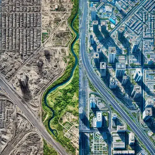 Human-Environment Interaction showing before-and-after satellite image of urban expansion impacting land use.