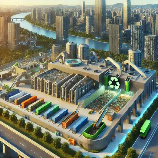 "An urban waste management facility promoting recycling and sustainable waste disposal to reduce air pollution."