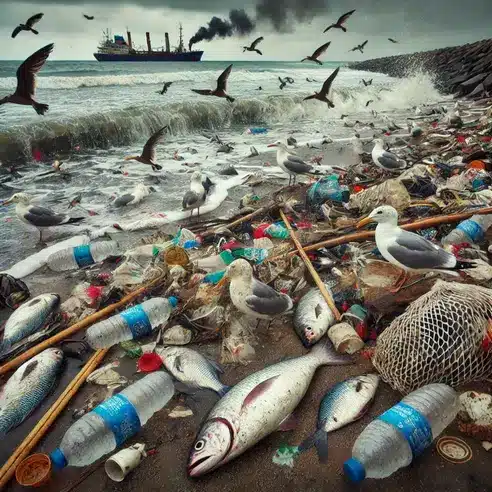 ๐ท Ocean devastation: Once pristine shoreline now littered with plastic debris, dying marine creatures, and dark oil slicks contaminating the water.