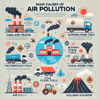 alt="What Is Air Pollution - An infographic explaining the primary causes, including vehicle emissions, industrial waste, and natural sources."