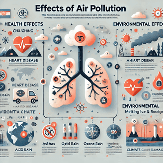 alt="What Is Air Pollution - An infographic illustrating the harmful effects on health and the environment, including respiratory diseases and climate change."