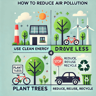 alt="What Is Air Pollution - An infographic showing practical ways to reduce air pollution, like using clean energy and planting trees."