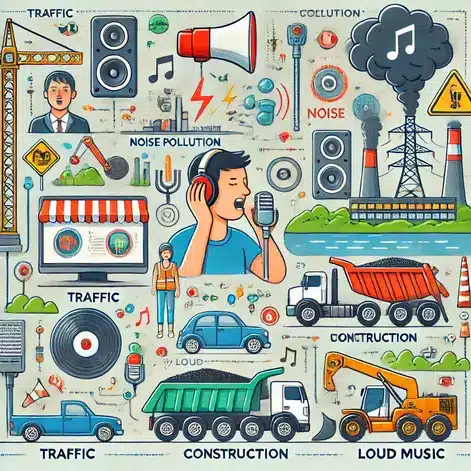"Illustration of different sources of noise pollution with Solutions for Noise Pollution in cities and homes."