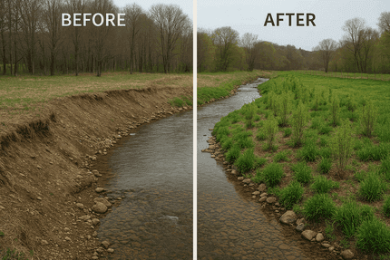 "Side-by-side images showing a degraded riverbank versus restored vegetation, illustrating how tree cover reduces water temperatures."