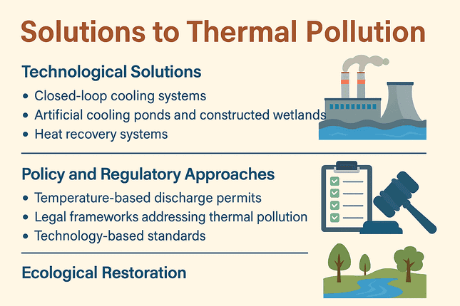 "Infographic illustrating solutions to the Effects of Thermal Pollution, including cooling towers, artificial lakes, afforestation, and regulatory approaches."