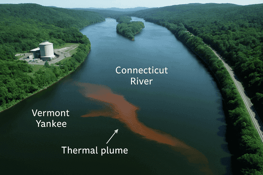 "Aerial photo of a river with visible thermal plume extending downstream from a nuclear plant, demonstrating heated water discharge impact."
