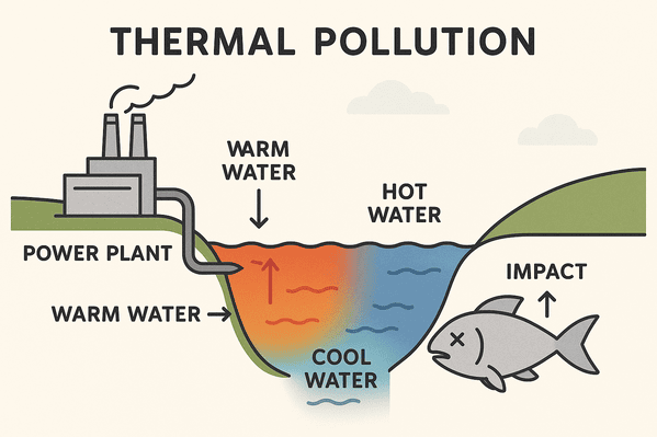 "Infographic explaining thermal pollution process in waterways from industrial sources"