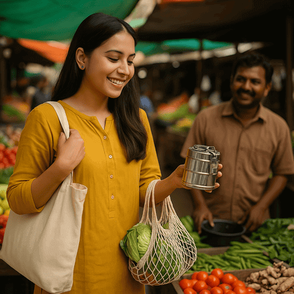 “A woman shopping in a local market with a reusable cloth bag, promoting the zero-waste lifestyle in India.”