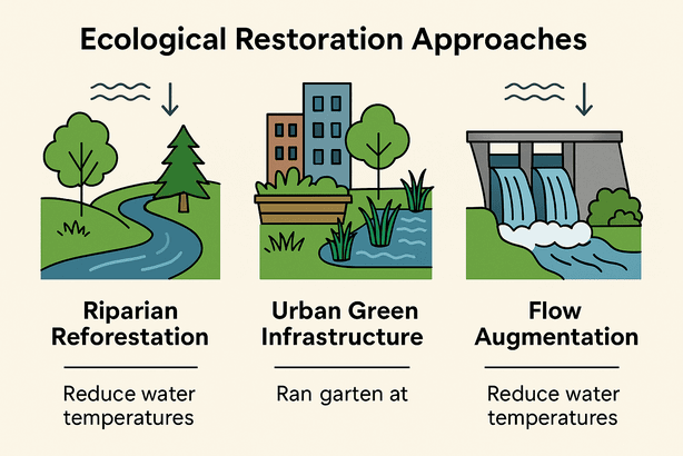 "Visual infographic explaining ecological restoration strategies to combat the Effects of Thermal Pollution, such as wetland restoration, riparian buffers, and native species reintroduction."