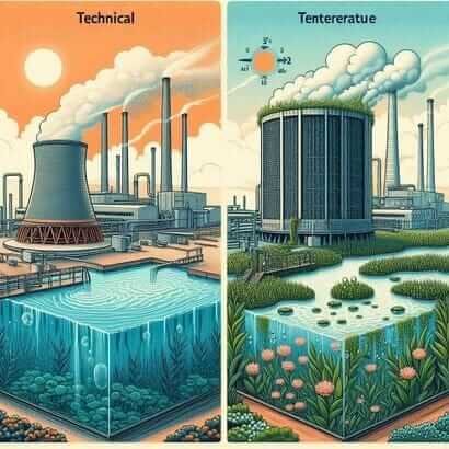 "Illustration comparing industrial cooling towers (left) and natural wetlands (right) for reducing thermal pollution, with temperature labels showing effectiveness."