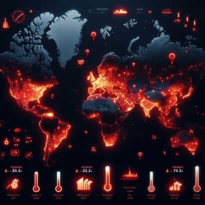 "World map of thermal pollution hotspots showing red danger zones near China's coal plants and US power stations, with factory icons and thermometer symbols indicating high-temperature discharges"