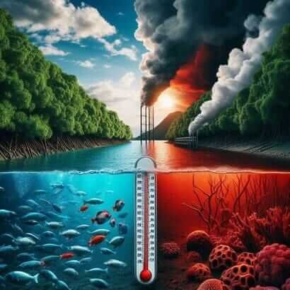 "Thermal pollution disaster: Power plant discharges 95°F water into ocean, killing 80% of mangroves and fish. Split-screen shows healthy vs. dead ecosystem with temperature gauge."