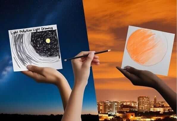 "Light Pollution Drawing for a School Project image showing artwork revealing environmental messages in contrasting night skies"