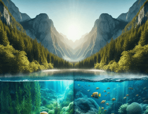 "Comparison of healthy and thermally polluted aquatic ecosystems showing environmental impact"