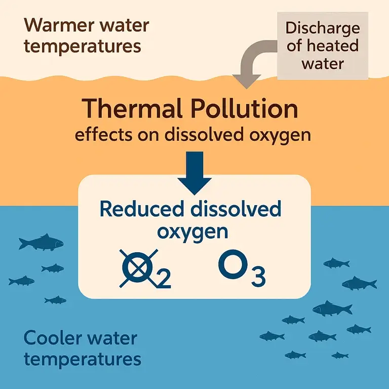 "Illustrated diagram showing how thermal pollution reduces dissolved oxygen levels in water bodies and affects aquatic life cycles in Indian rivers"