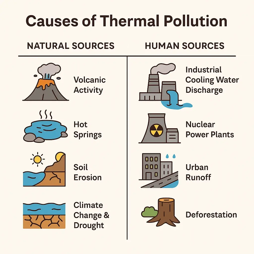 "Infographic showing human vs natural causes of thermal pollution, including volcanoes, power plants, and deforestation"