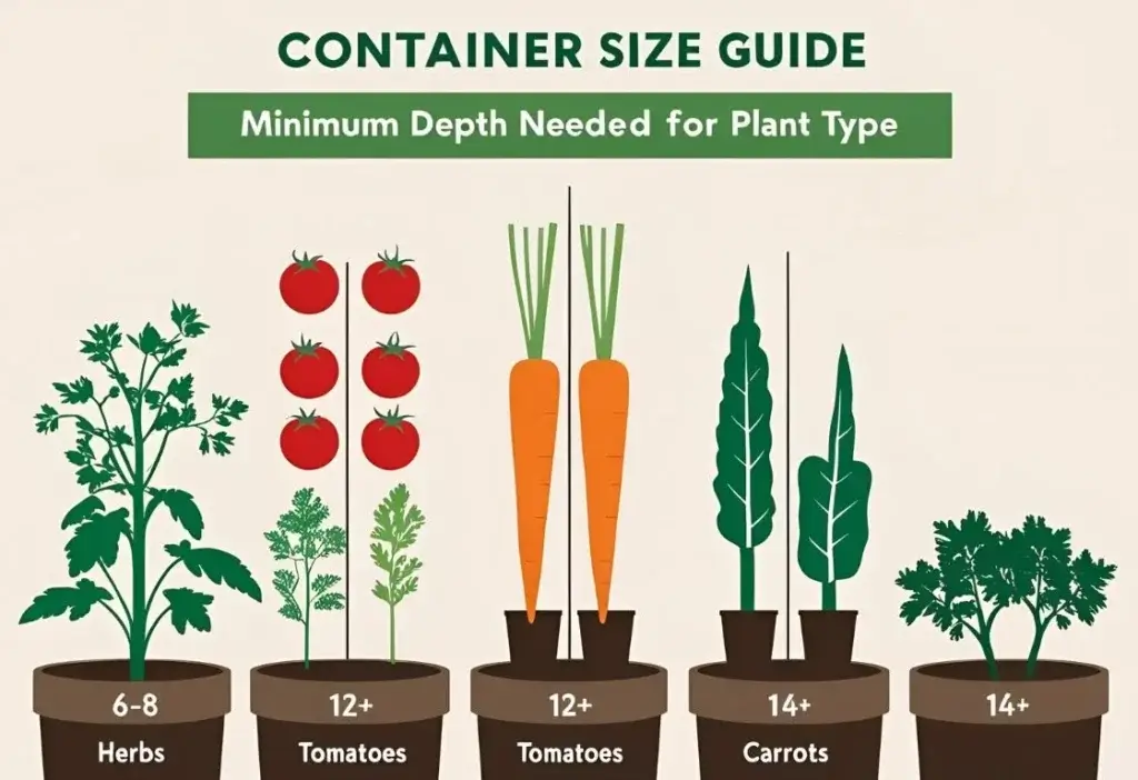 “Illustration of container depth requirements for various herbs and vegetables when creating a thriving balcony garden.”