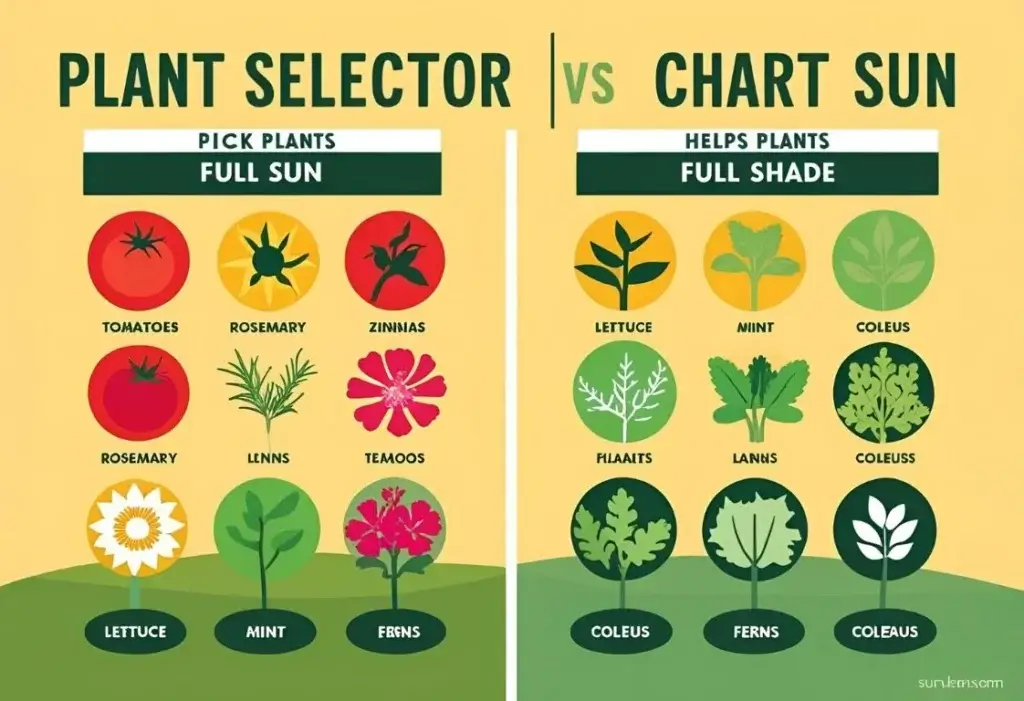 “Split graphic showing ideal plants for sun and shade in creating a thriving balcony garden on small urban balconies.”