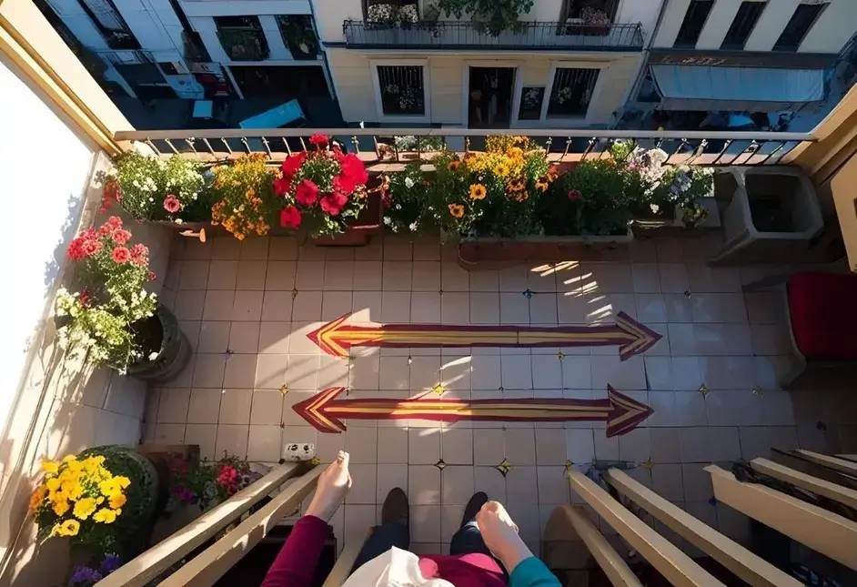 “Diagram showing sunlight patterns on a balcony for creating a thriving balcony garden based on full sun, partial sun, and shaded areas.”