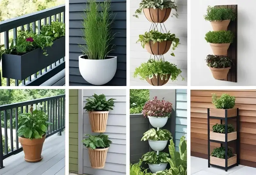“Illustration showing railing planters, wall-mounted planters, hanging baskets, and tiered stands for creating a thriving balcony garden using vertical space.”