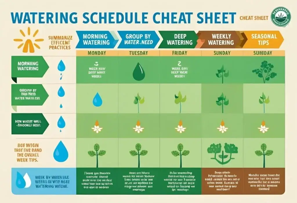 “Visual guide showing watering schedules and tips for creating a thriving balcony garden with healthy container plants.”