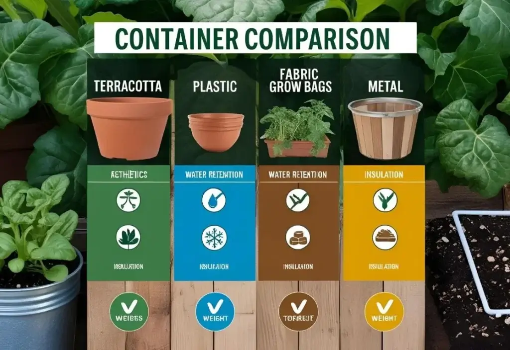 “Chart comparing different planter materials like terracotta, plastic, and grow bags for creating a thriving balcony garden.”