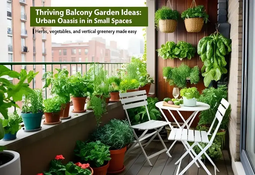 “A vibrant balcony garden with potted herbs, flowers, and vertical planters showing ideas for creating a thriving balcony garden in a small urban space.”