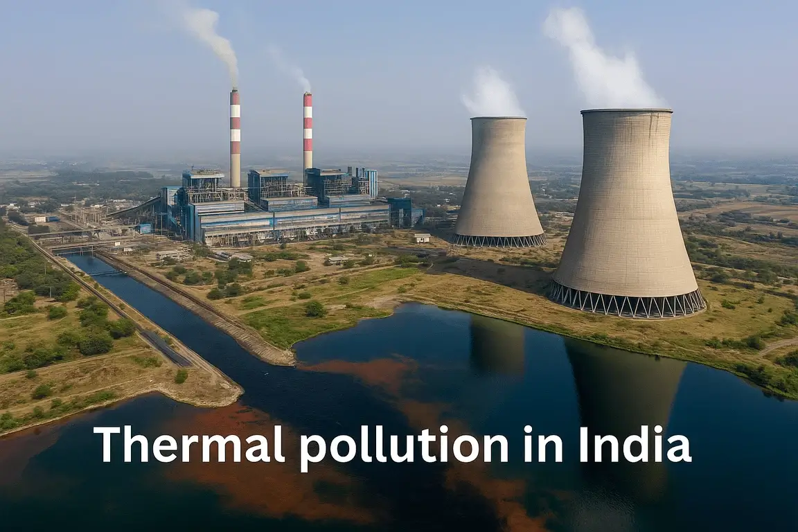 A high-resolution aerial photograph showing thermal pollution in India, with heated water discharged from a thermal power plant into a nearby river, visibly affecting the aquatic environment.