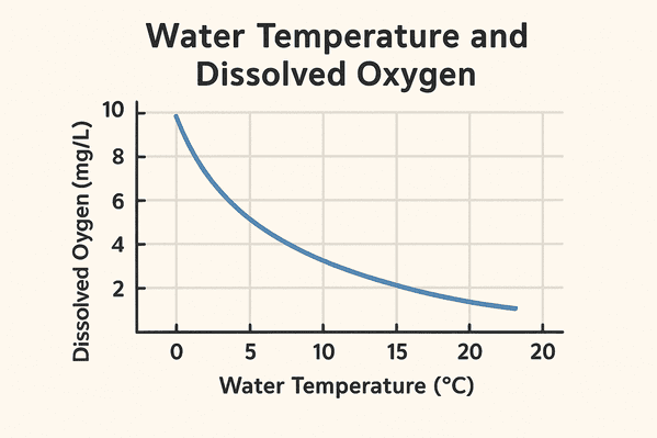 "Graph showing inverse relationship between water temperature and dissolved oxygen levels in aquatic ecosystems"