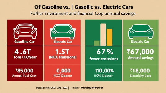"A data-driven comparison of gasoline vs. electric cars. The chart highlights 67% CO₂ reduction, 100% NOx elimination, and a ₹67,000 annual savings with EVs."