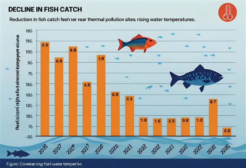 Bar chart showing reduction in fish catch near thermal pollution sites in India from 2015 to 2025.